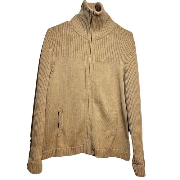 Pendleton Full Zip Sweater Cotton Funnel Neck Pockets Ribbed Knit Tan Large - Picture 1 of 5